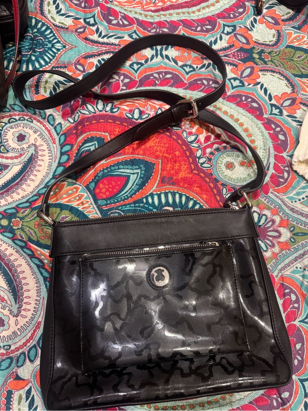 Tous Black Patent Crossbody Bag with Subtle Pattern